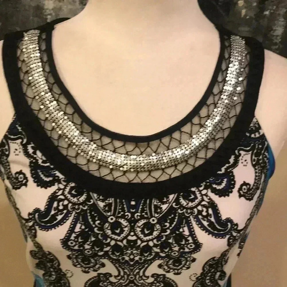 NWT Sandra Darren Abstract Dress w/Sheer & Silver Metallic Neckline-Size 6 - Picture 5 of 10